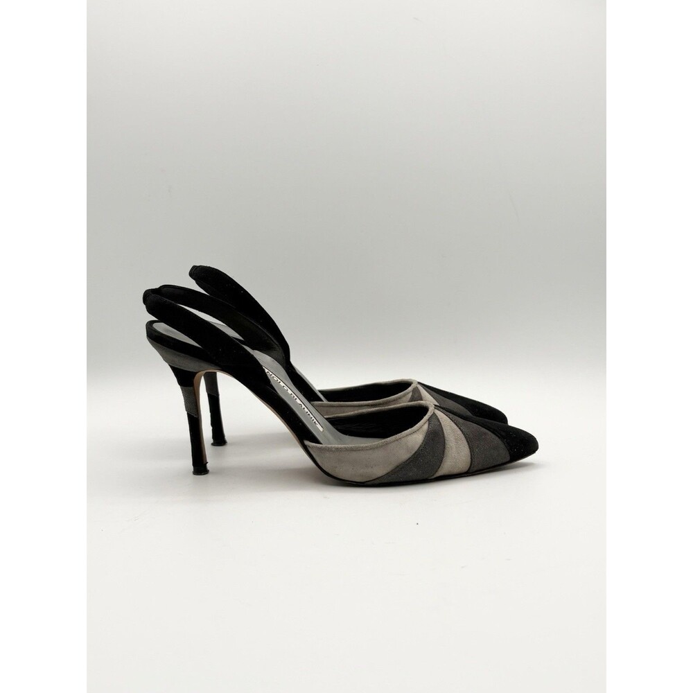 Manolo Blahnik Gray & Black Suede Stripes Slingback Pointed Toe Heels Size EU 35 - Picture 3 of 13